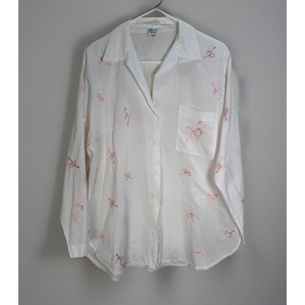 NOCTURNE Hand Made Pajamas Shirt Pant Set Womens Sz M White Cotton Pink Bows